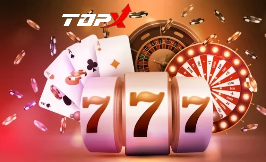 Imagem de marca da TopX: rolos de caça-níquel, cartas e roleta